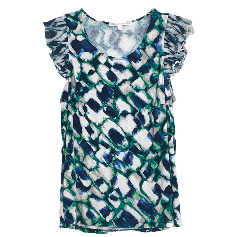 Stella + Ginger‎ Womens Pleated Ruffle Trim Top L Blue Green Abstract Stretch